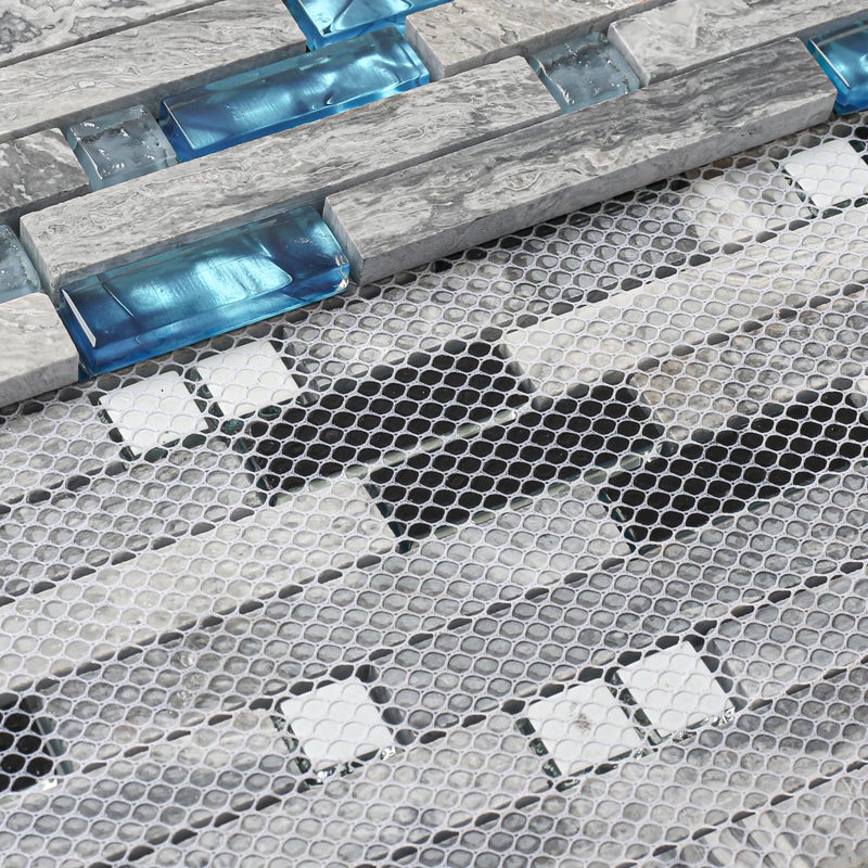 Blujellyfish Gray Marble Tile for Kitchen Backsplash 12 in. x 12 in. x 8 mm Teal Blue Glass Mosaic Bathroom Shower Wall Linear Tiles (Pack of 5 Sheets) - Image 4